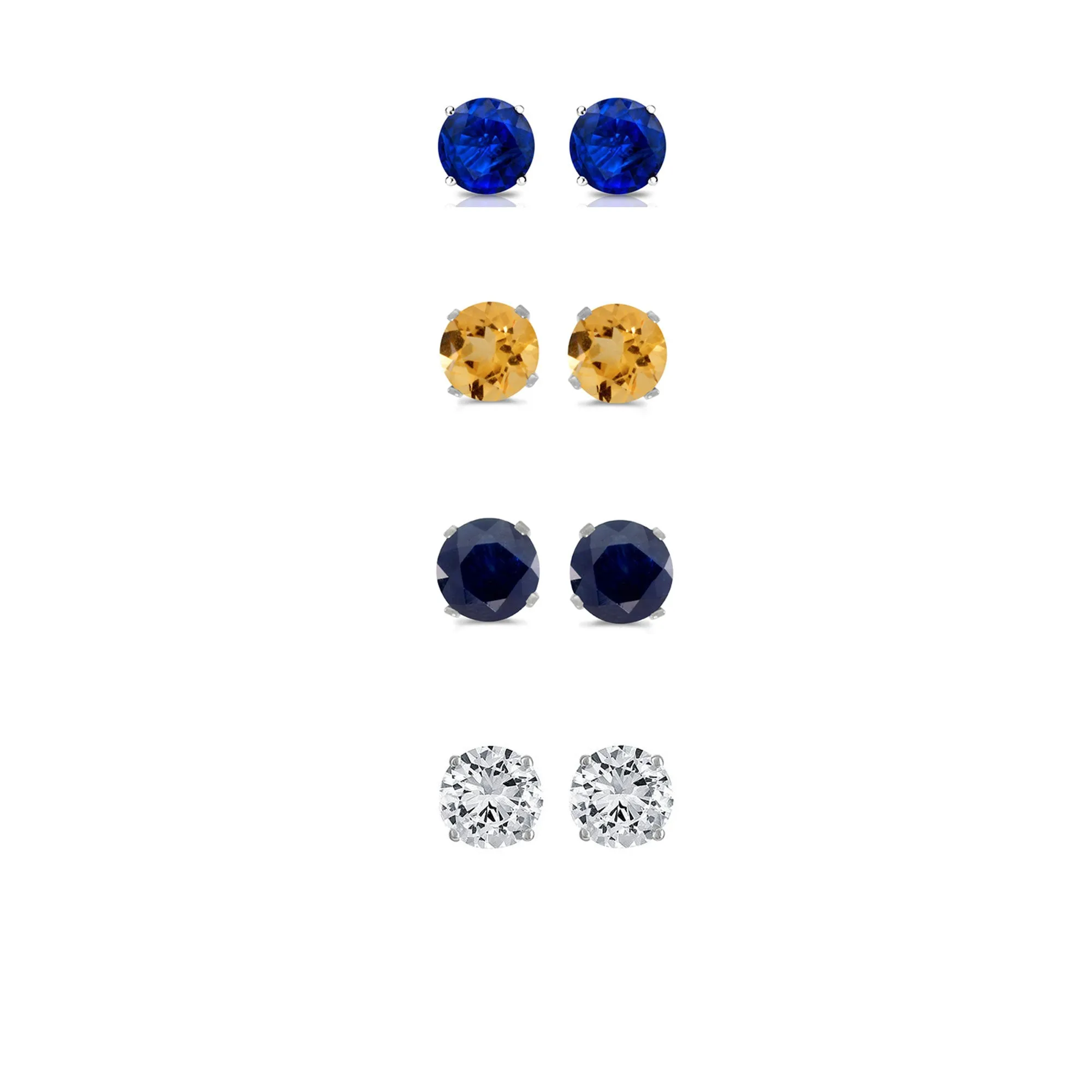 24k White Gold Plated1Ct Created Blue Sapphire, Citrine, Black Sapphire and White Sapphire 4 Pair Round Stud Earrings
