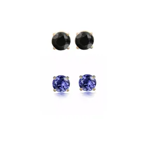 24k Yellow Gold Plated 1/2Ct Created Black Sapphire and Tanzanite 2 Pair Round Stud Earrings