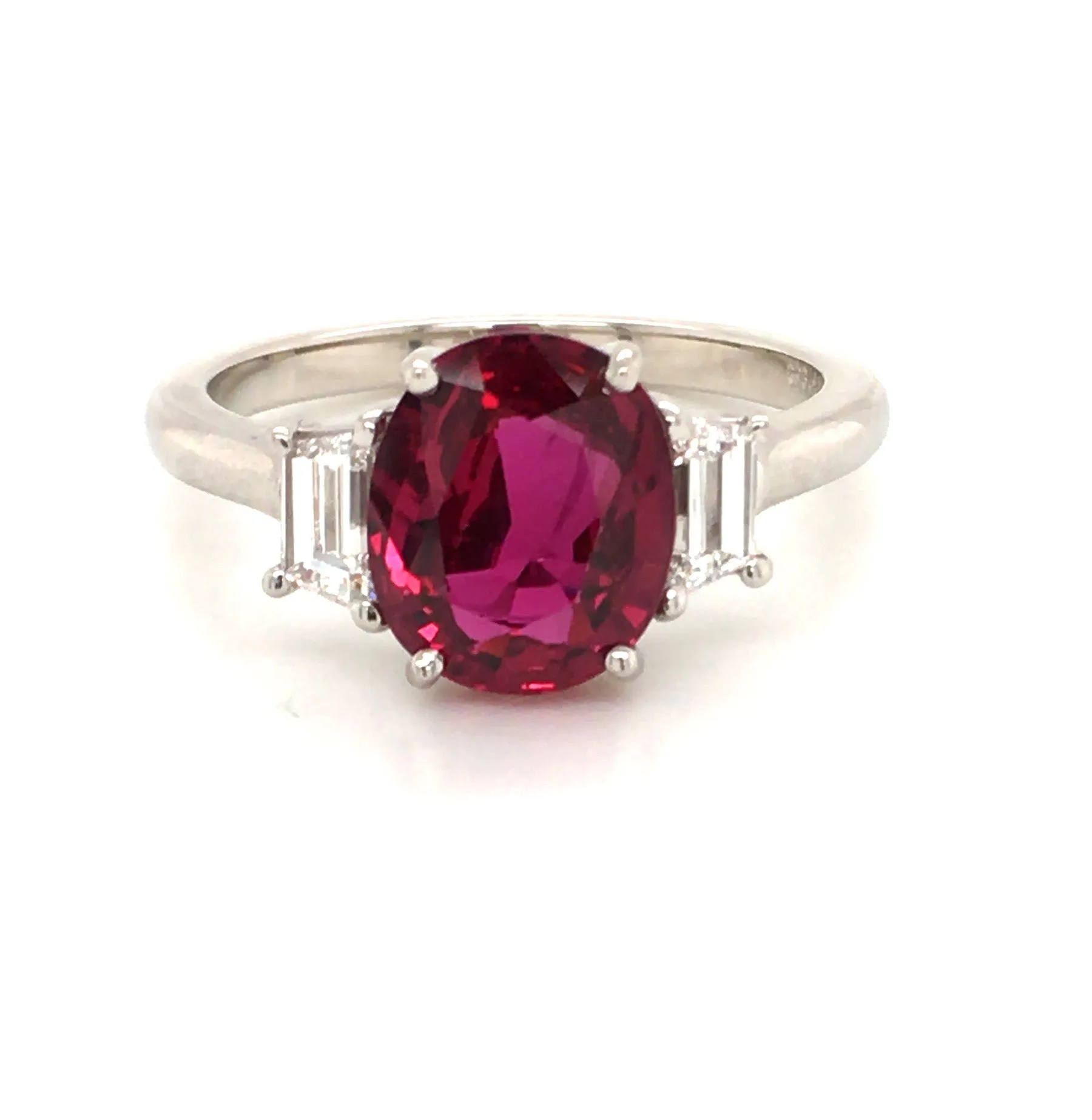 2.84ct Oval Ruby and 0.43ct Trapezoid Diamonds Ring in Platinum Size 6.5