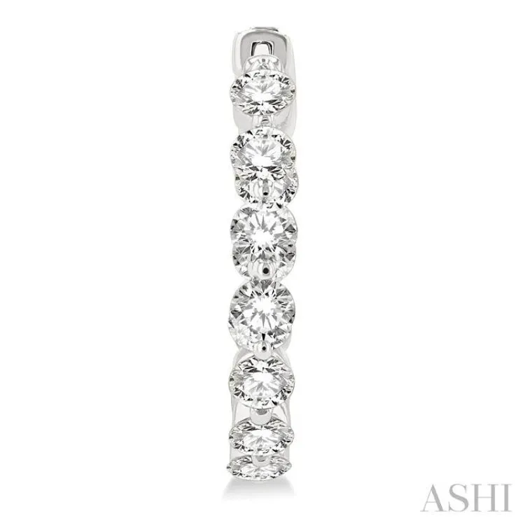 3 ctw Interior and Exterior Single Prong Set Round Cut Diamond Fashion Hoop Earring in 14K White Gold