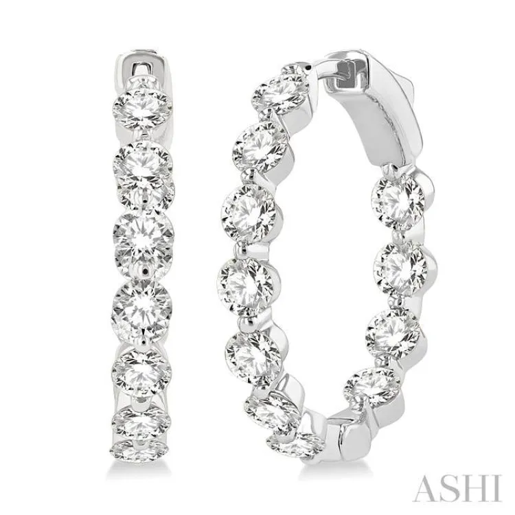 3 ctw Interior and Exterior Single Prong Set Round Cut Diamond Fashion Hoop Earring in 14K White Gold