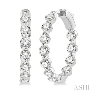 3 ctw Interior and Exterior Single Prong Set Round Cut Diamond Fashion Hoop Earring in 14K White Gold