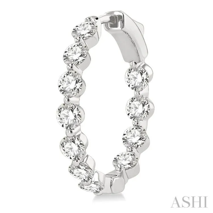3 ctw Interior and Exterior Single Prong Set Round Cut Diamond Fashion Hoop Earring in 14K White Gold