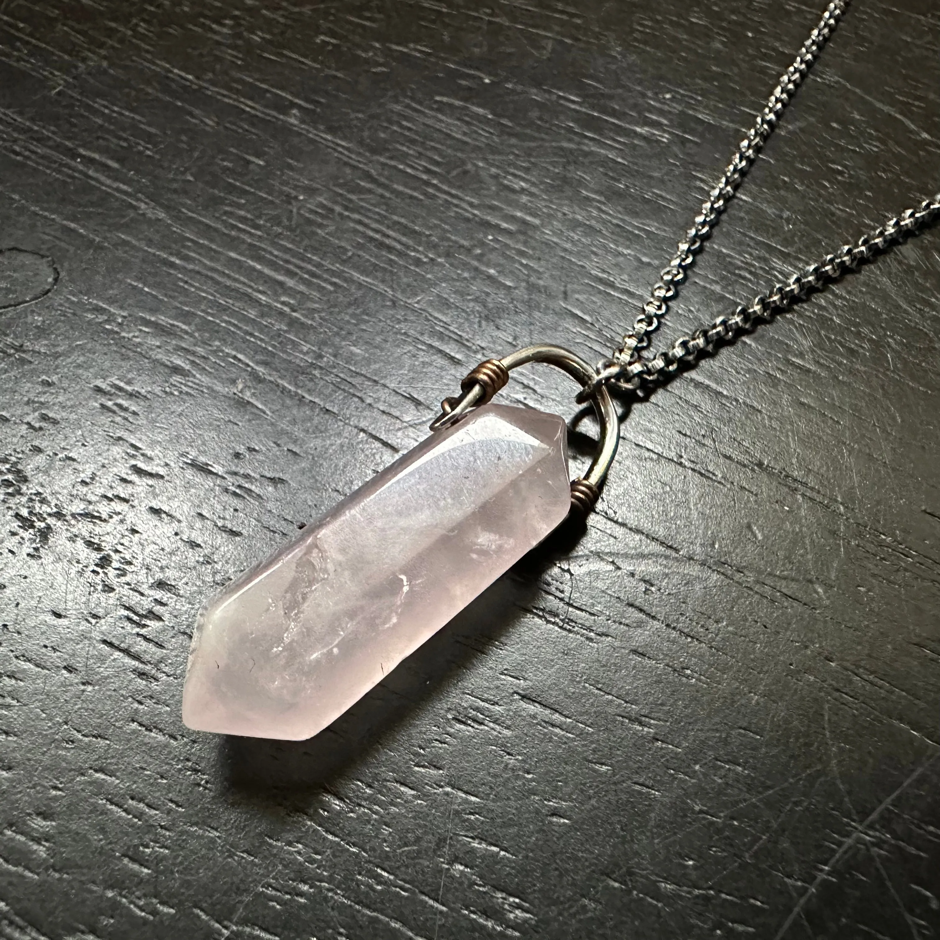 #4 ROSE QUARTZ Double-pointed Taliswoman Silver Bail Necklace OOAK #4