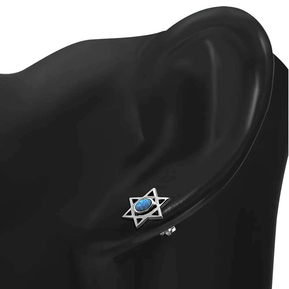 925 Sterling Silver Blue Opal Jewish Star of David Stud Earrings