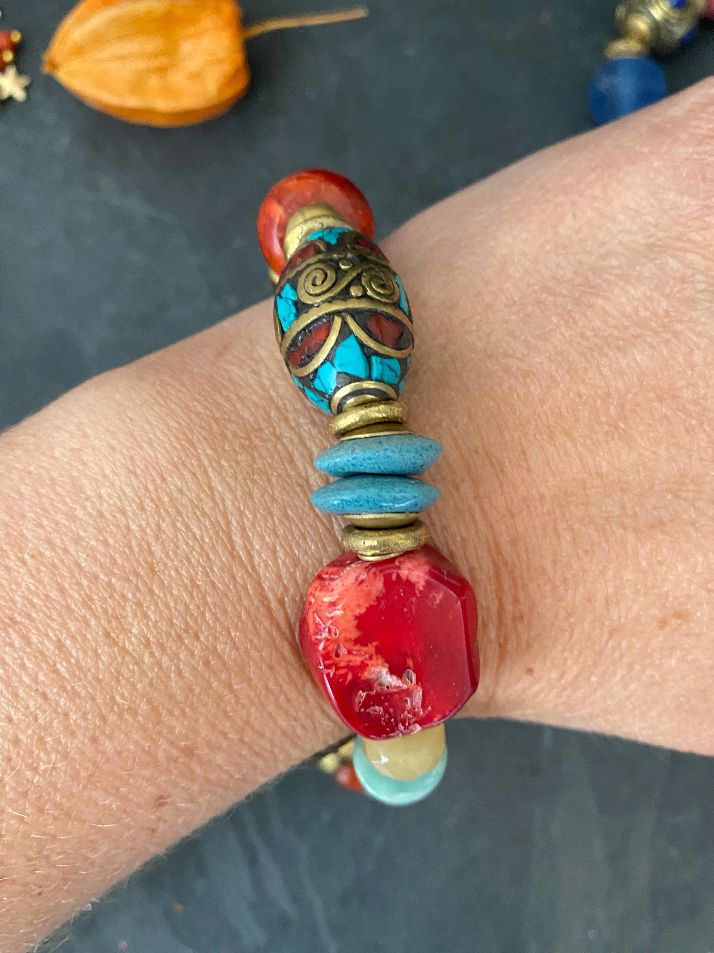 Amazonite, coral, agate, african brass, nepal beads, bracelet.
