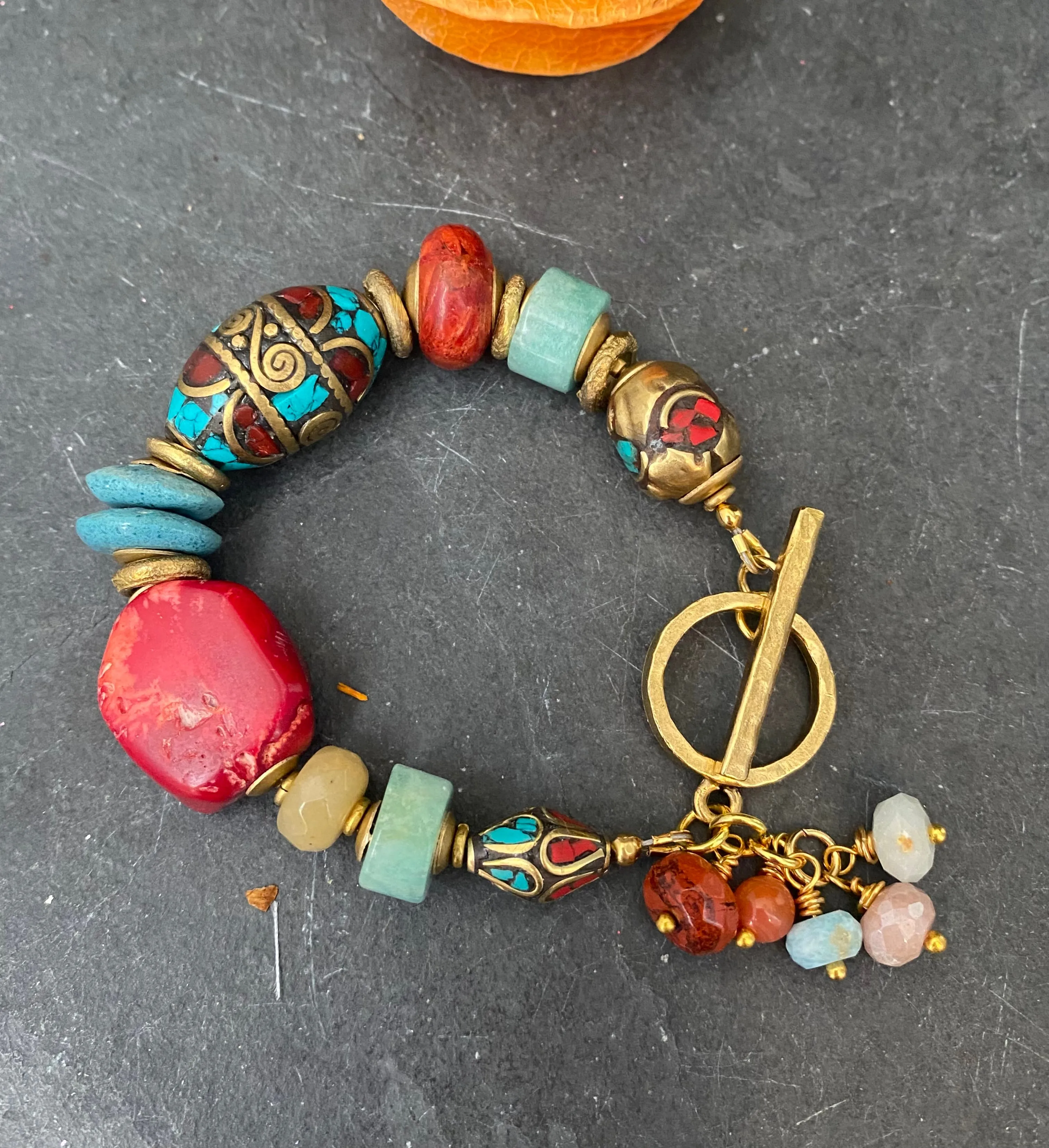 Amazonite, coral, agate, african brass, nepal beads, bracelet.