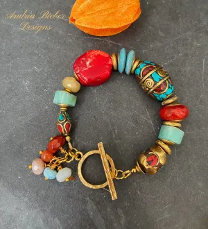 Amazonite, coral, agate, african brass, nepal beads, bracelet.