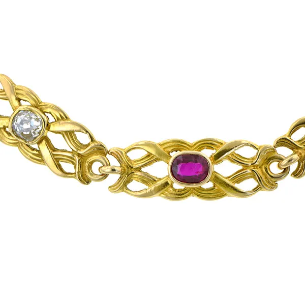 Art Nouveau Diamond & Ruby Link Bracelet
