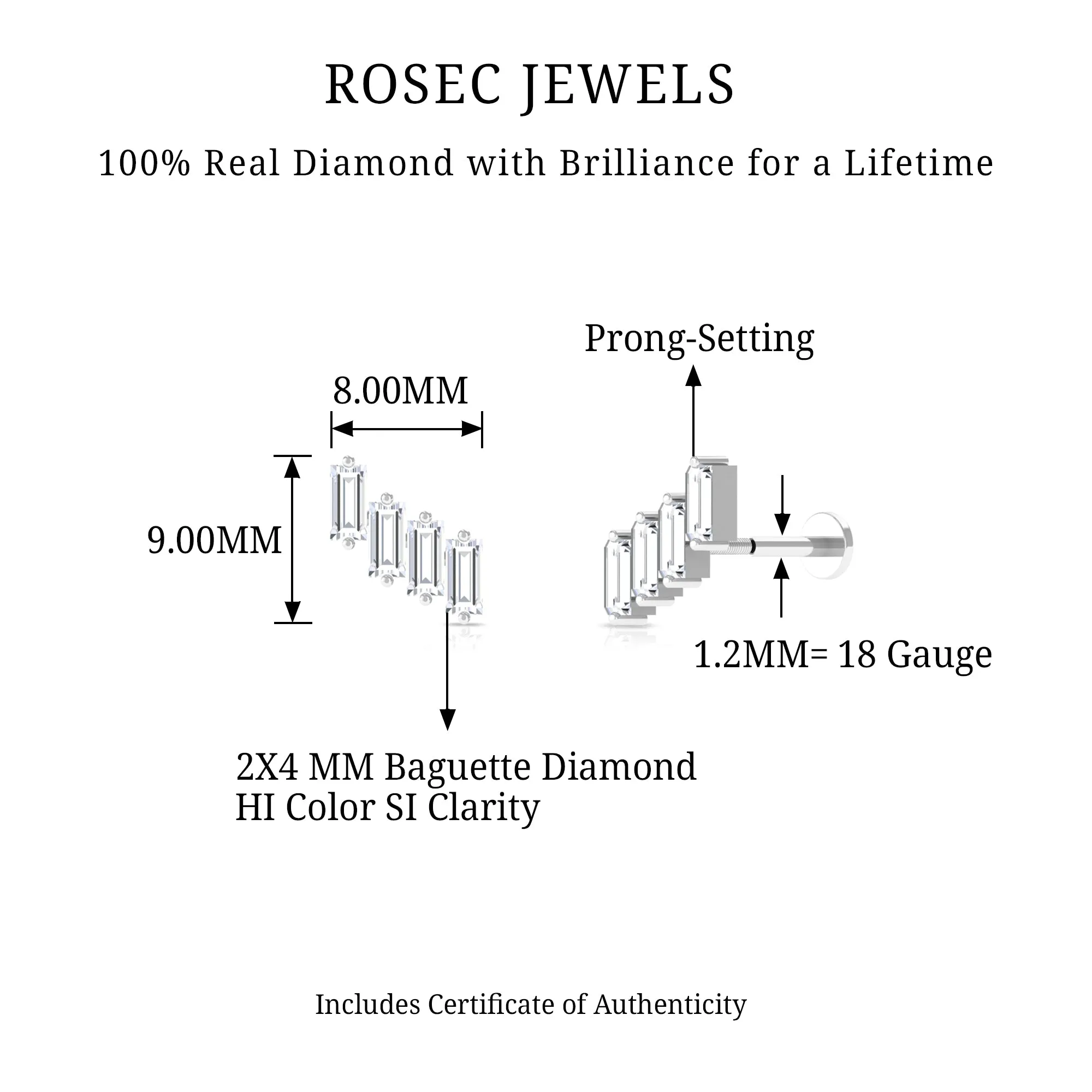 Baguette Diamond Helix Earring with Flat Back