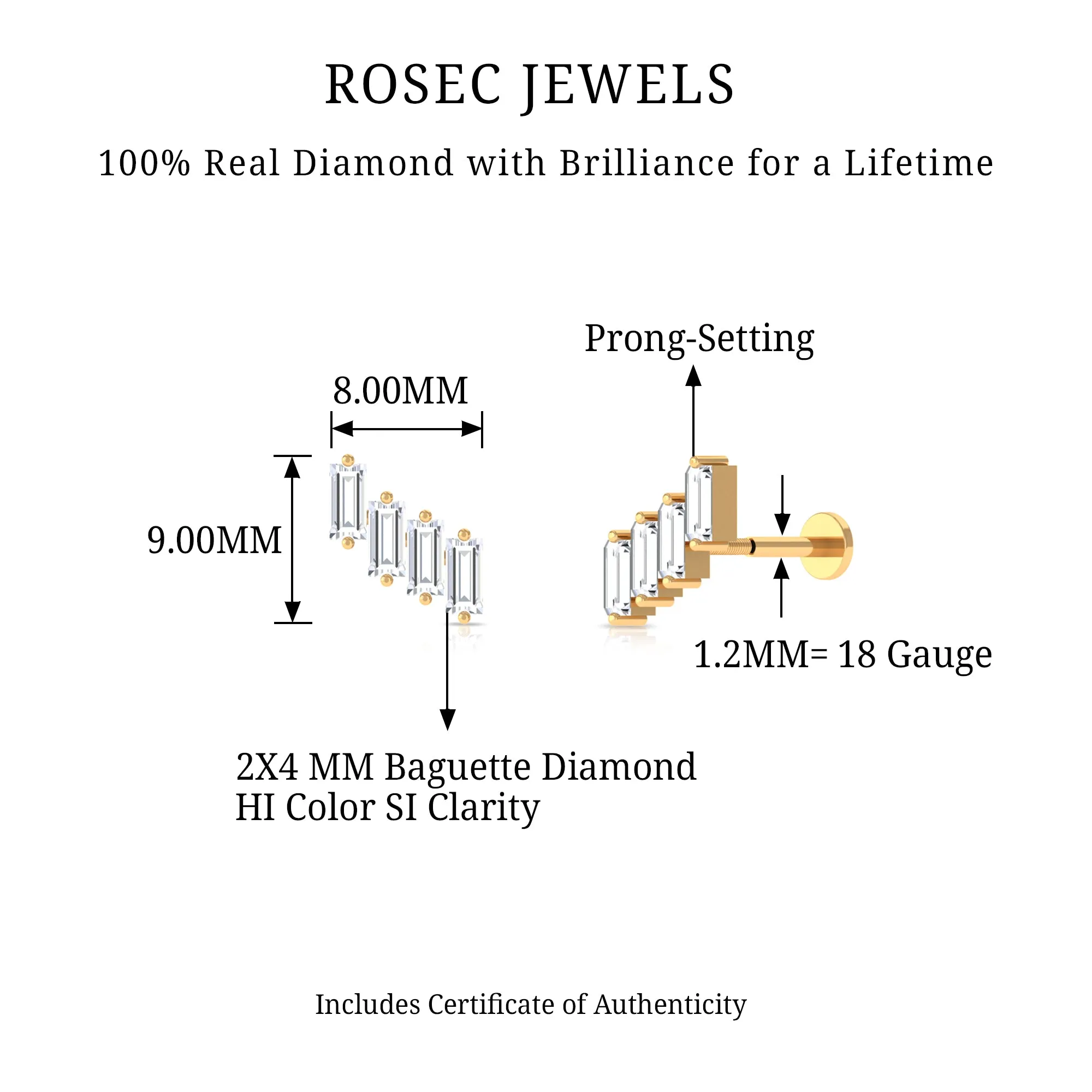 Baguette Diamond Helix Earring with Flat Back