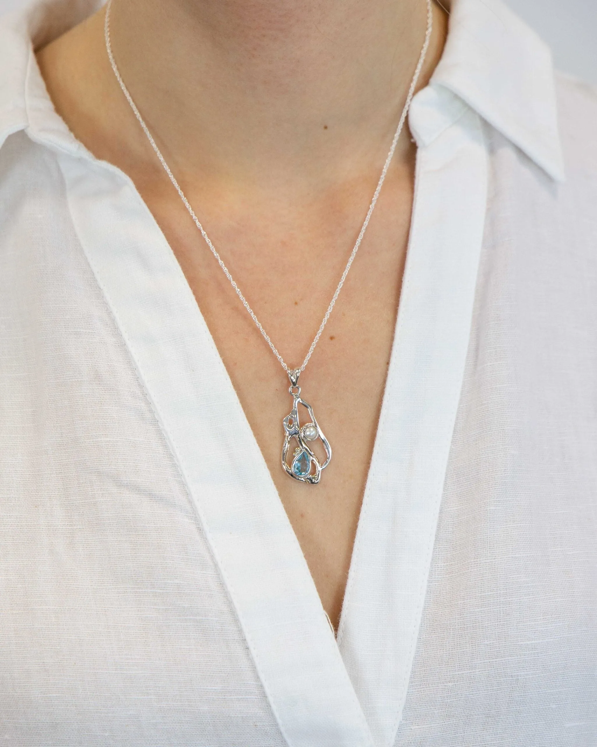 Banyan Teardrop Blue Topaz and Pearl Necklace