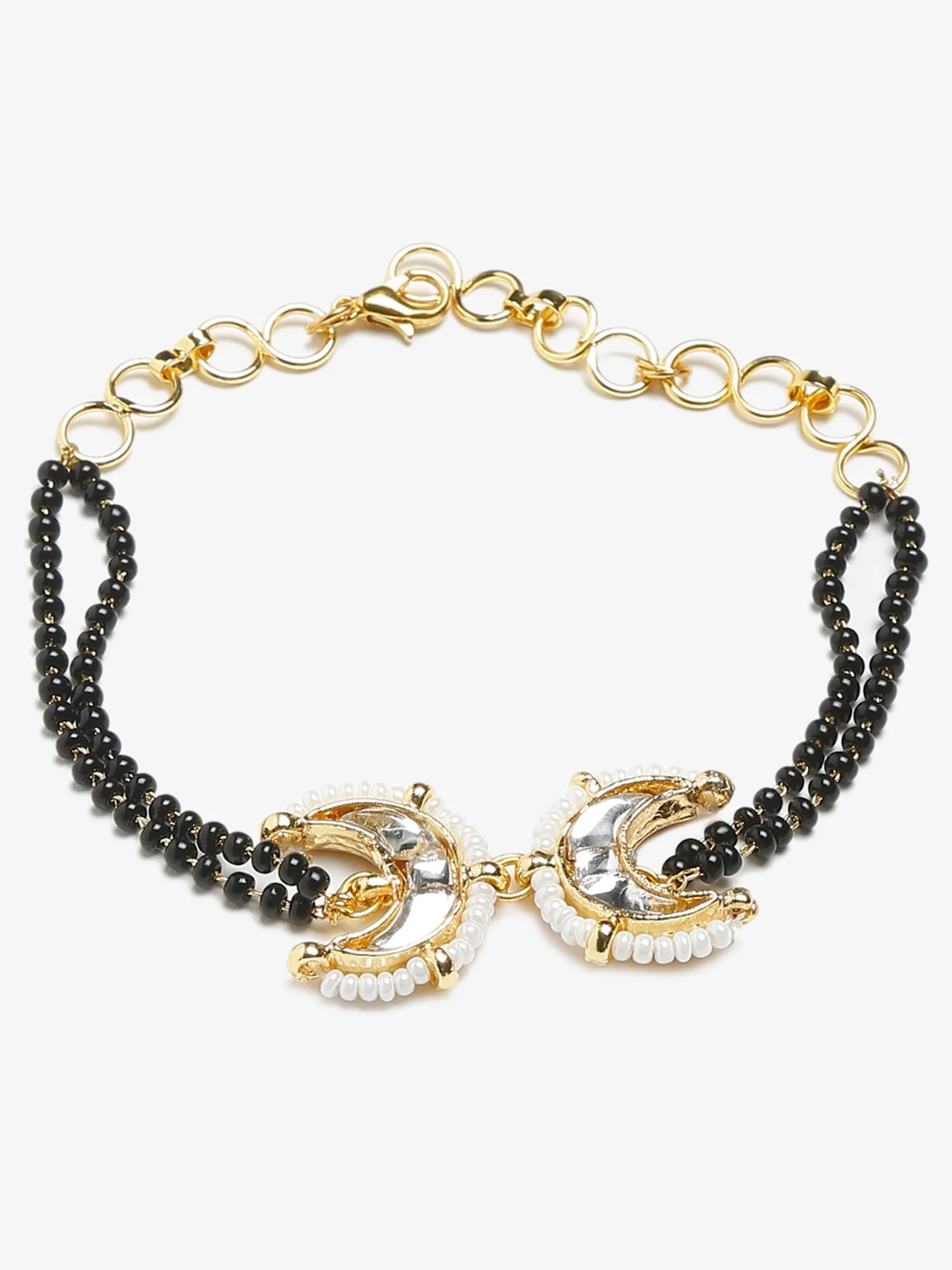Black Gold-Toned Kundan Bracelet Mangalsutra - Ruby Raang