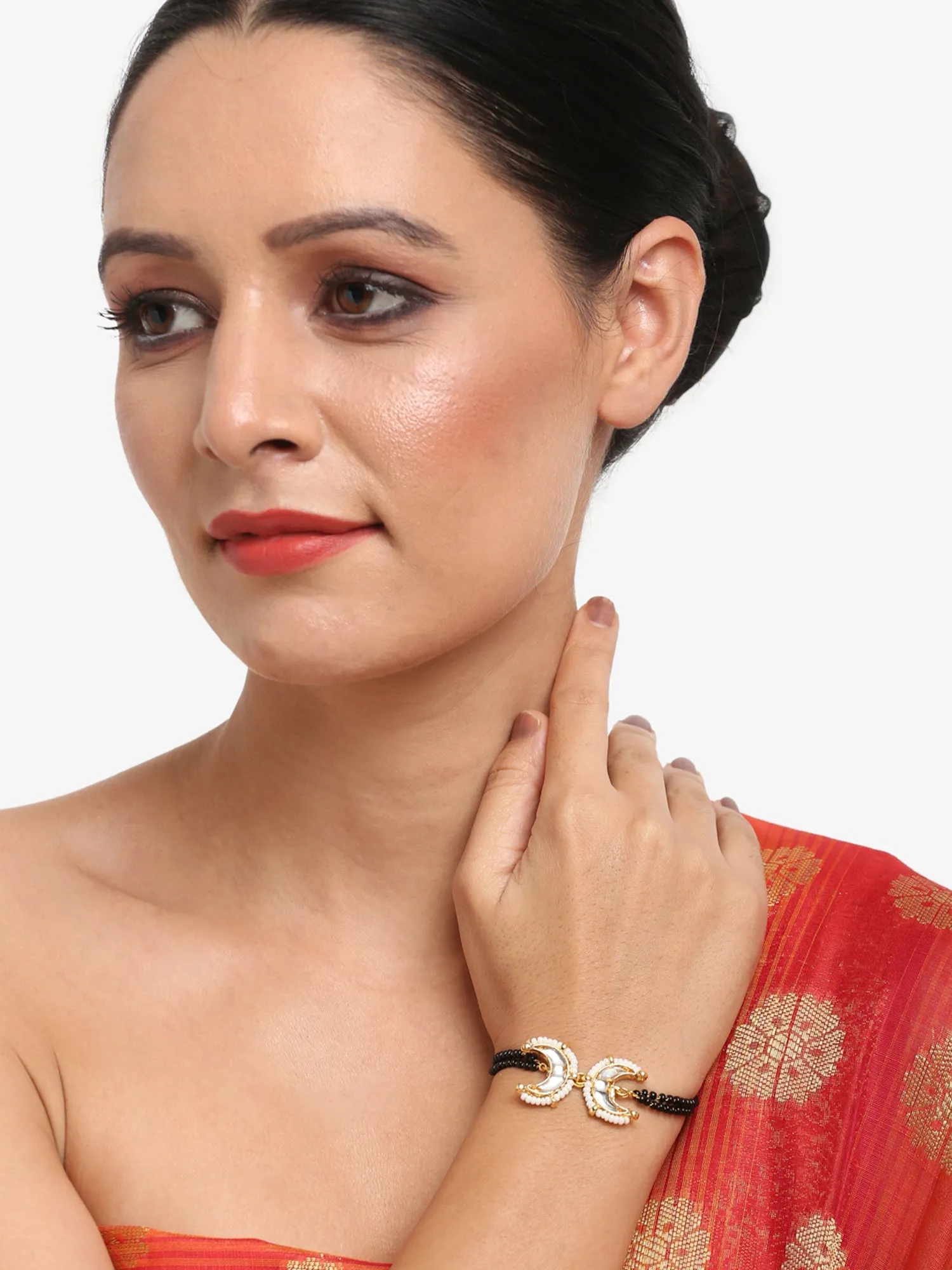 Black Gold-Toned Kundan Bracelet Mangalsutra - Ruby Raang