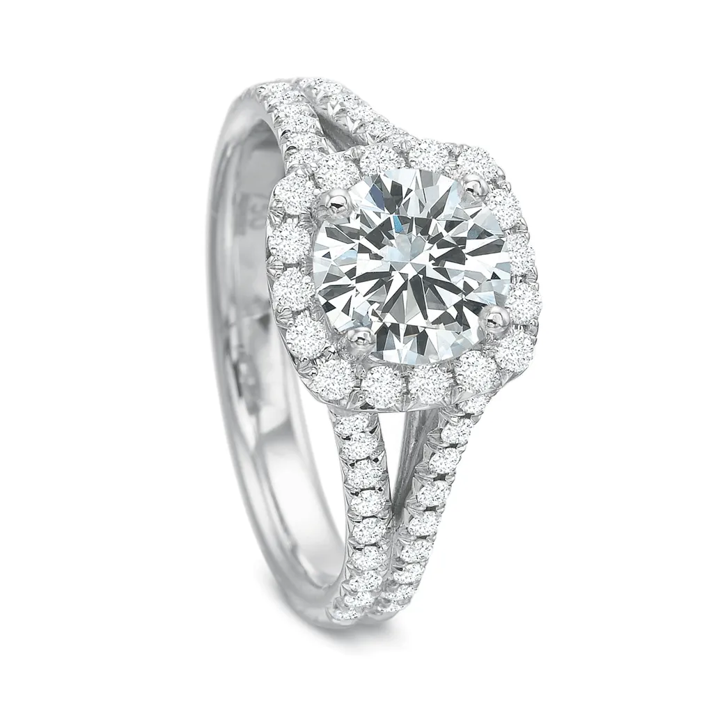 Classic Halo Diamond Engagement Ring with Split Diamond Band