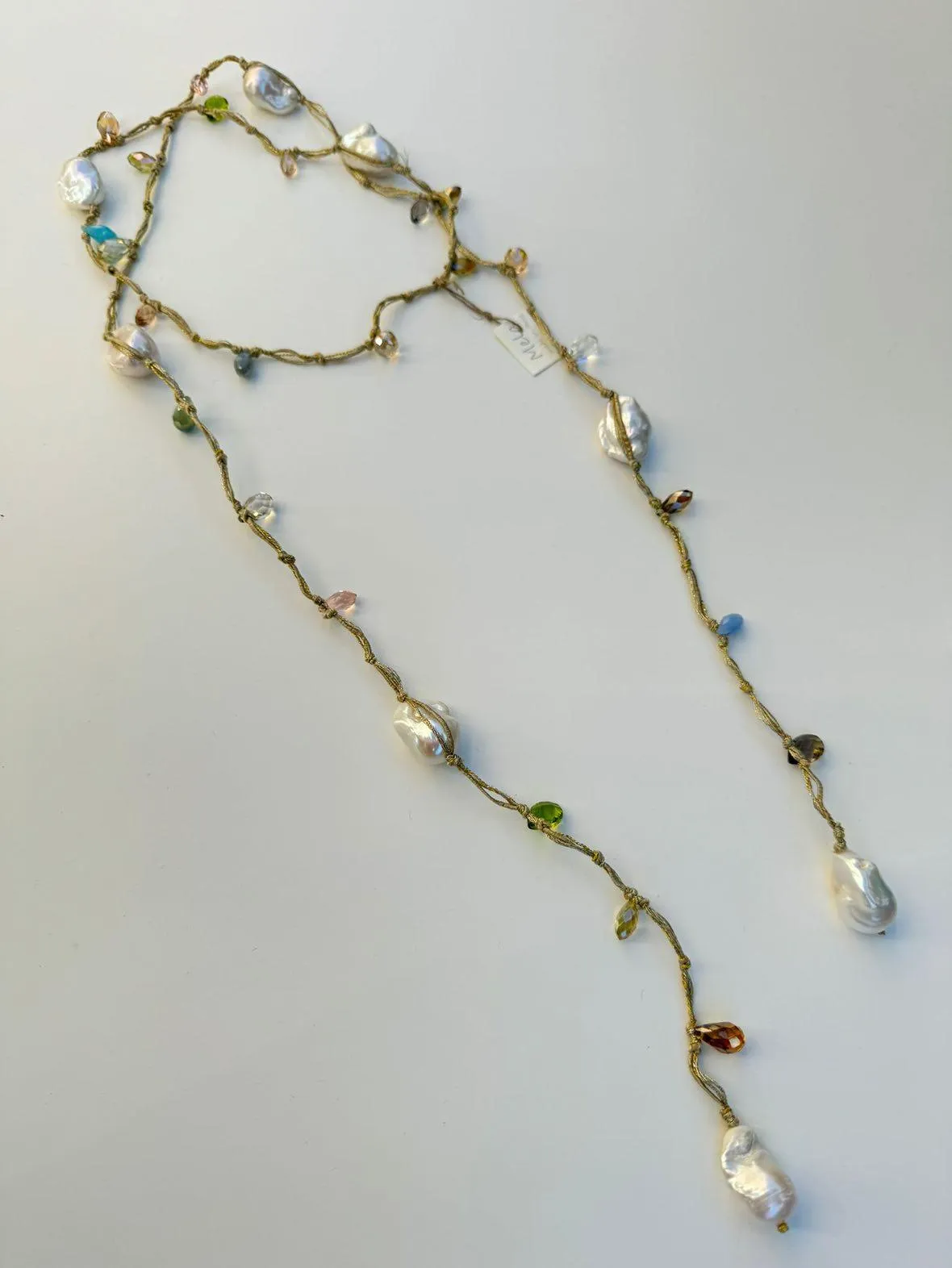 Crystals and Pearl Lariat style necklace - multi crystals