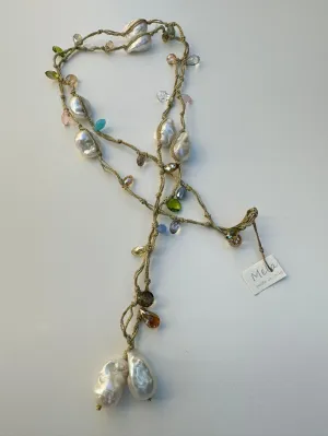 Crystals and Pearl Lariat style necklace - multi crystals