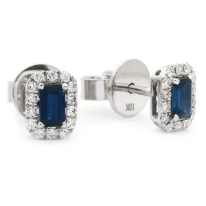 Diamond & Blue Sapphire Emerald Shaped Earrings 0.90ct