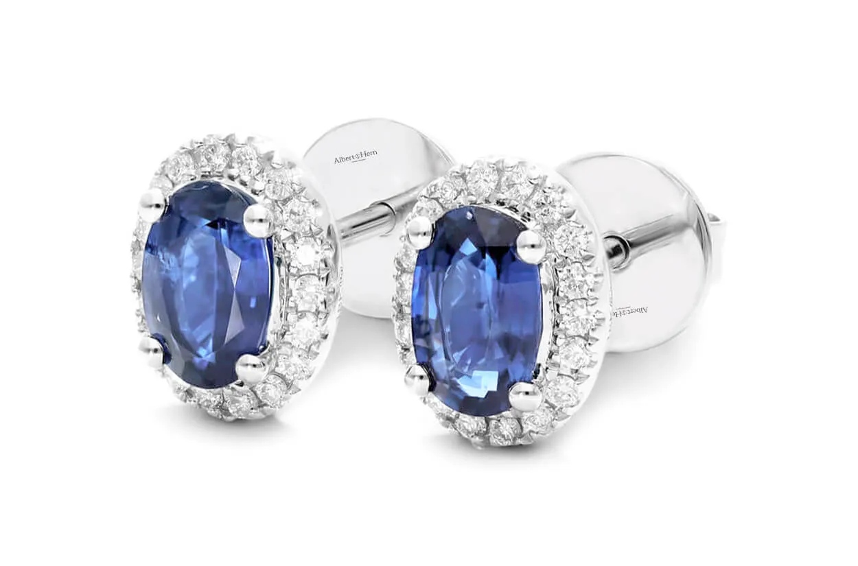 Earrings 18kt Gold Oval Blue Sapphires Stud & Round Diamonds