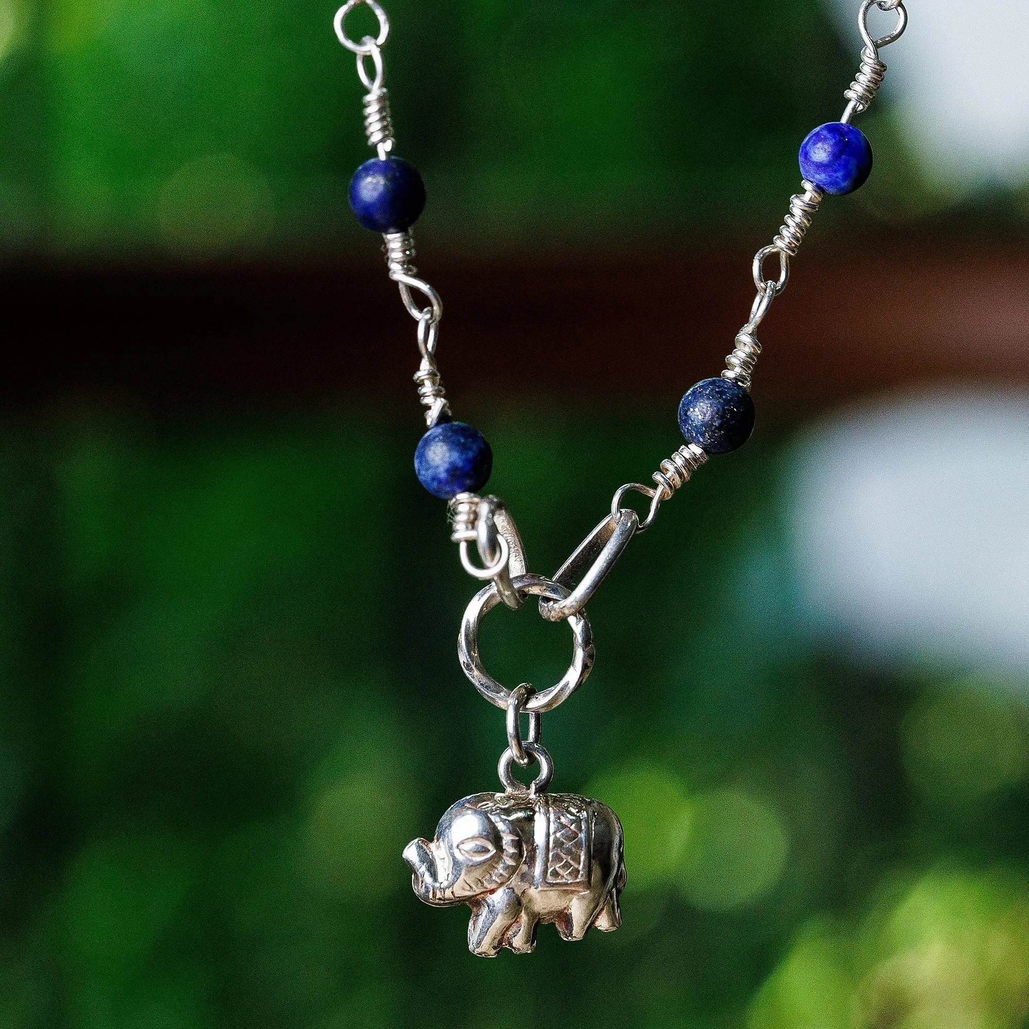 Elephant-Themed Lapis Lazuli Link Choker Pendant Necklace - The Sage Giant | NOVICA