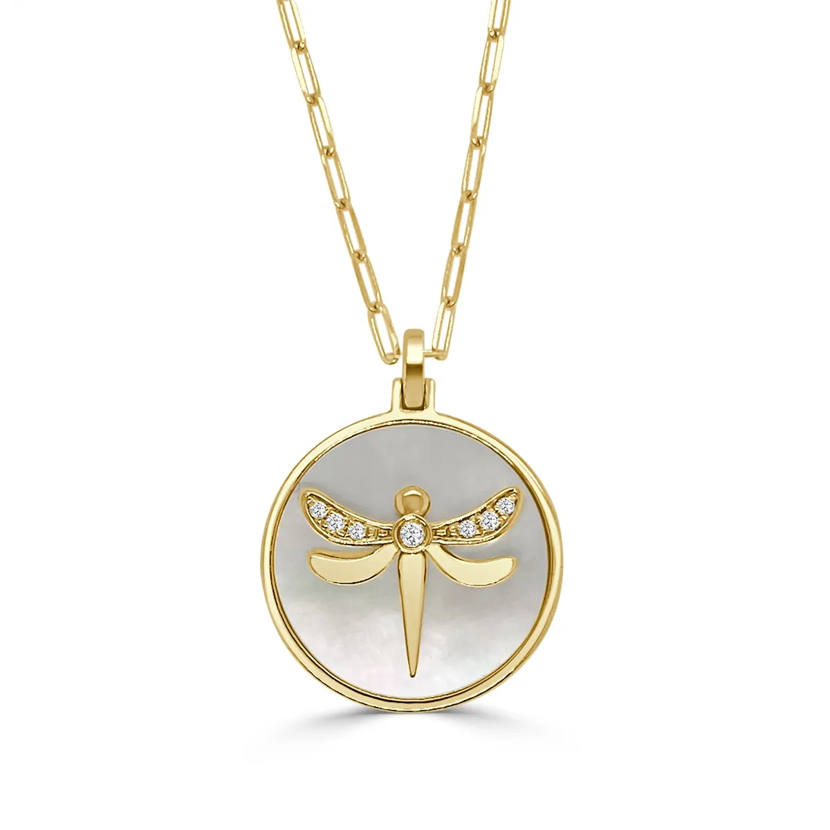 Frederic Sage 14K Yellow Gold Dragonfly Pendant with Mother of Pearl and Diamonds on Paperclip Chain Necklace