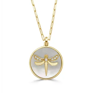 Frederic Sage 14K Yellow Gold Dragonfly Pendant with Mother of Pearl and Diamonds on Paperclip Chain Necklace