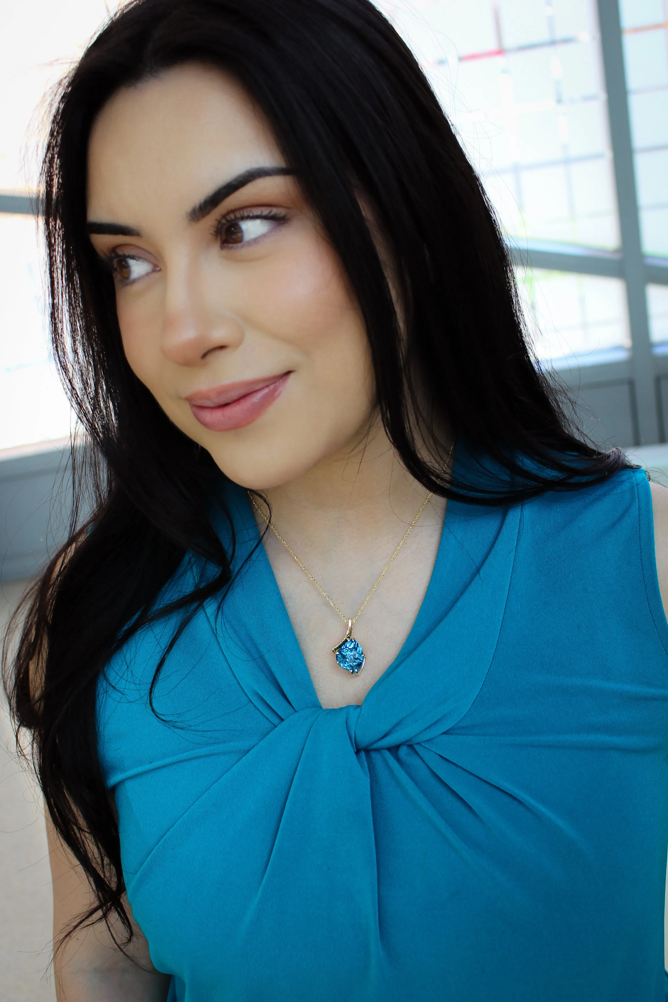 Freeform Offset London Blue Topaz Diamond Gold Necklace