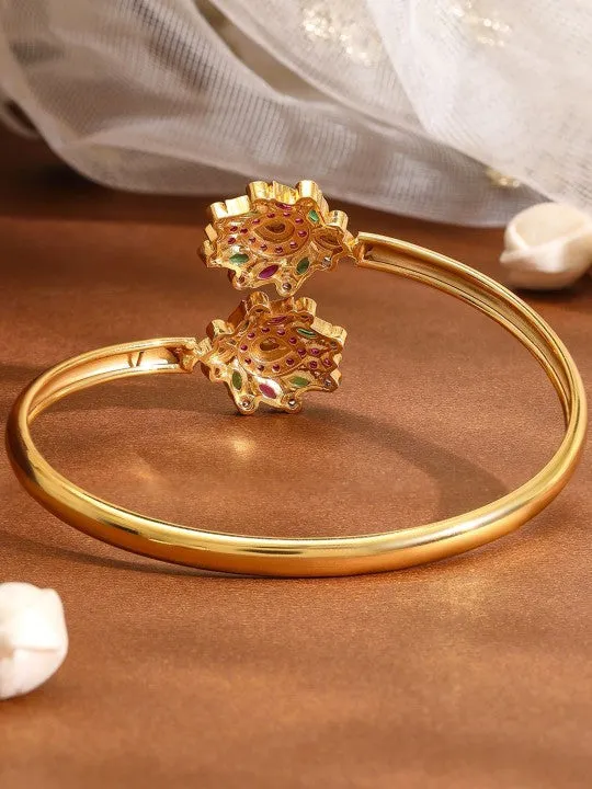 Gold-Plated Ruby Pink, Green & White Kundan Studded Openable Bangle