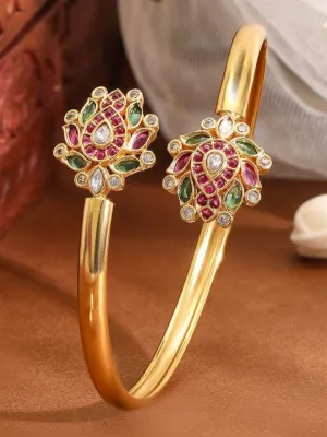 Gold-Plated Ruby Pink, Green & White Kundan Studded Openable Bangle