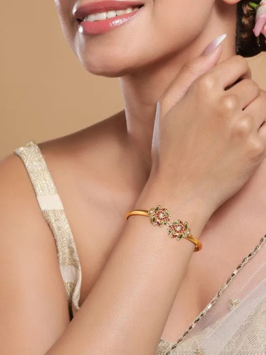 Gold-Plated Ruby Pink, Green & White Kundan Studded Openable Bangle