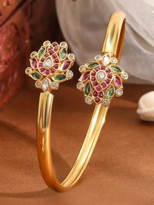 Gold-Plated Ruby Pink, Green & White Kundan Studded Openable Bangle