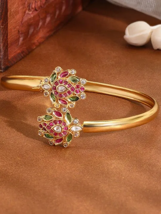 Gold-Plated Ruby Pink, Green & White Kundan Studded Openable Bangle