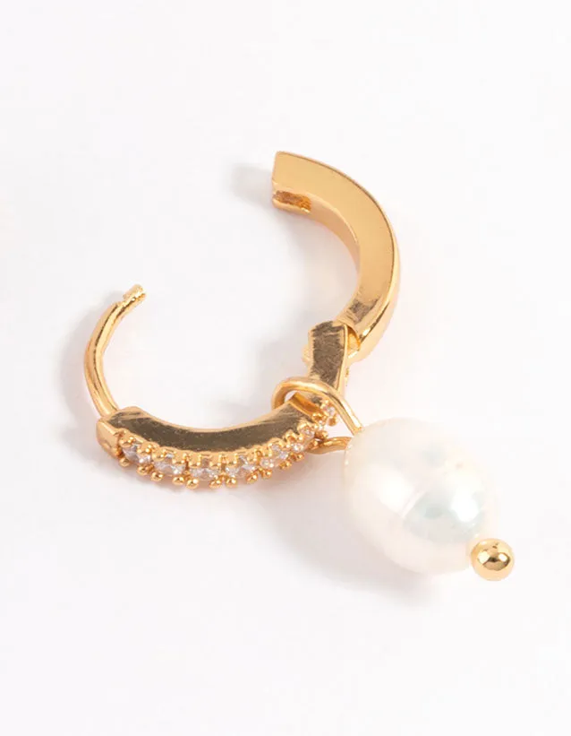 Gold Plated Stainless Steel Diamante Freshwater Pearl Drop Huggie Earrings