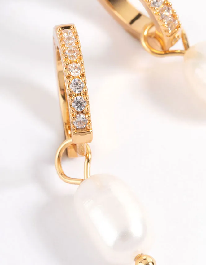 Gold Plated Stainless Steel Diamante Freshwater Pearl Drop Huggie Earrings