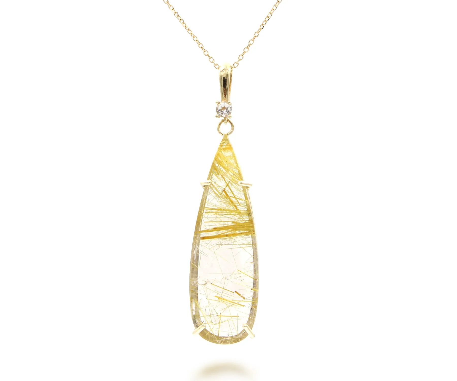 Golden Rutilated Quartz Long Teardrop Necklace