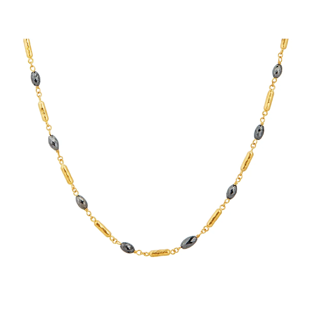 Gurhan 24K Yellow Gold Necklace with Faceted Black Diamond Bead Stations with 18K Lobster Clasp