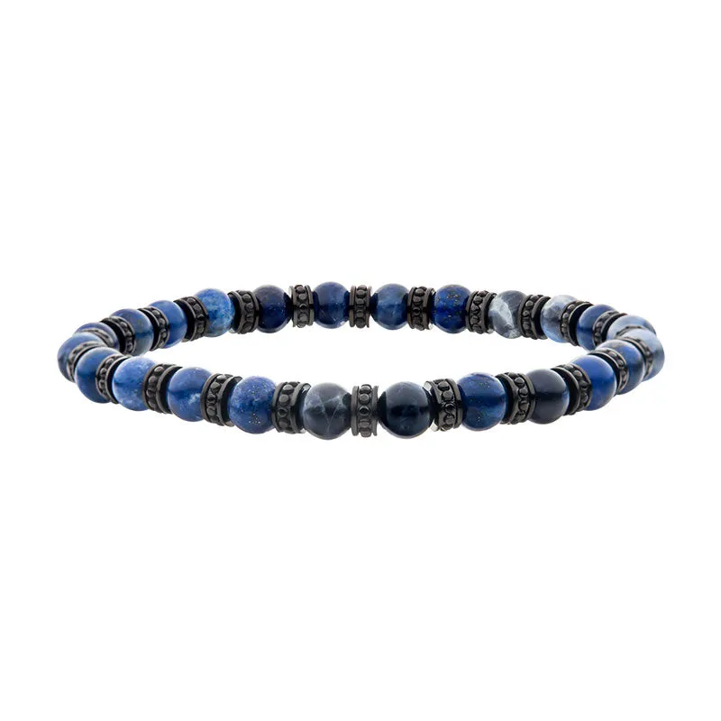 Inox Black IP Stainless Steel and Lapis Lazuli and Blue Sodalite Stone Beads Bracelet
