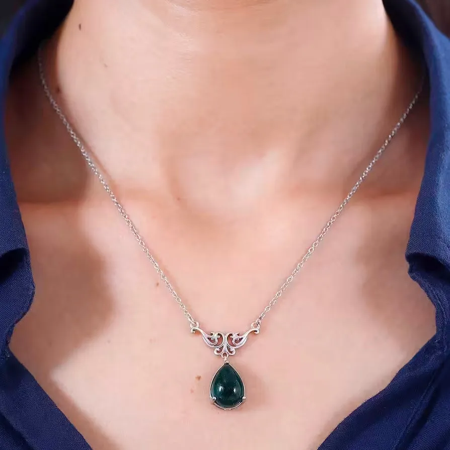 Karis Green Aventurine 5.85 ctw Pear Shape Platinum Chain Necklace 18 Inches New