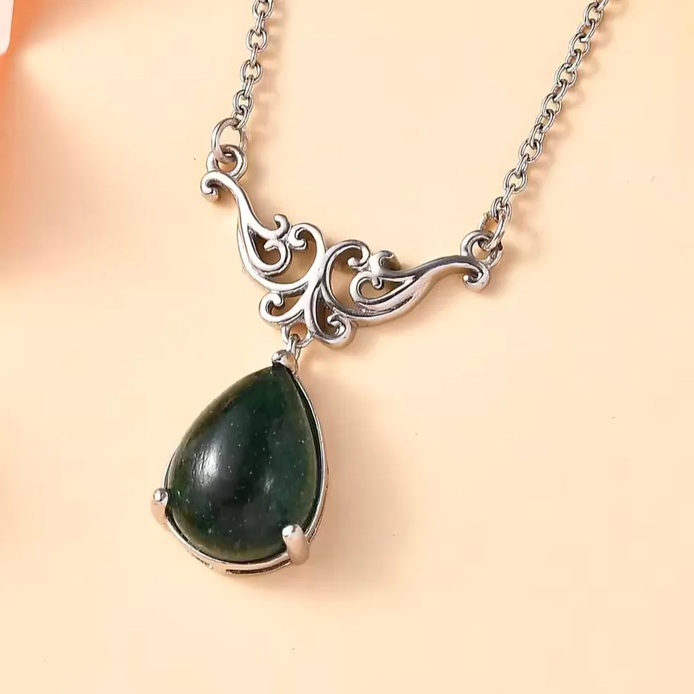 Karis Green Aventurine 5.85 ctw Pear Shape Platinum Chain Necklace 18 Inches New
