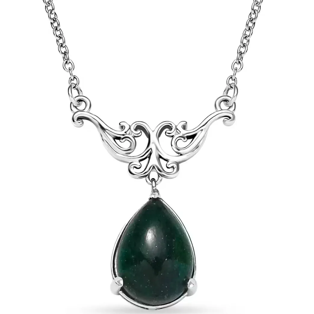 Karis Green Aventurine 5.85 ctw Pear Shape Platinum Chain Necklace 18 Inches New