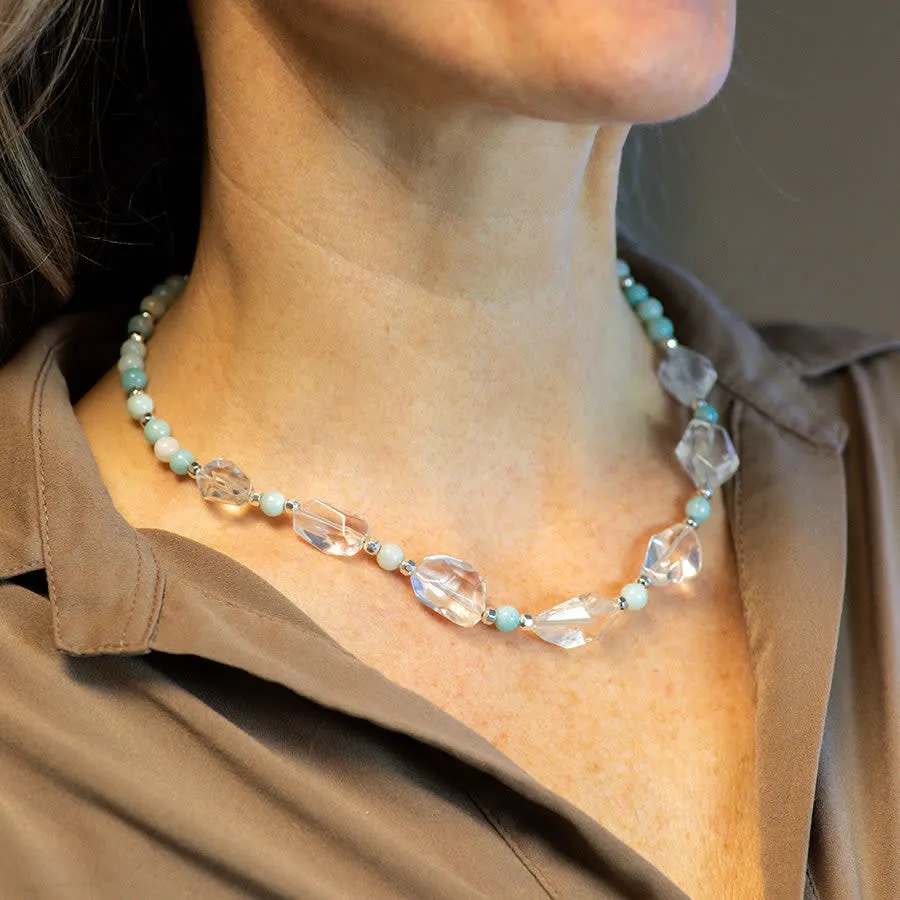 Limited Edition Crystal Quartz Nugget with Gemstones and Hematite Beads Necklace Kit - Amazonite and Silver