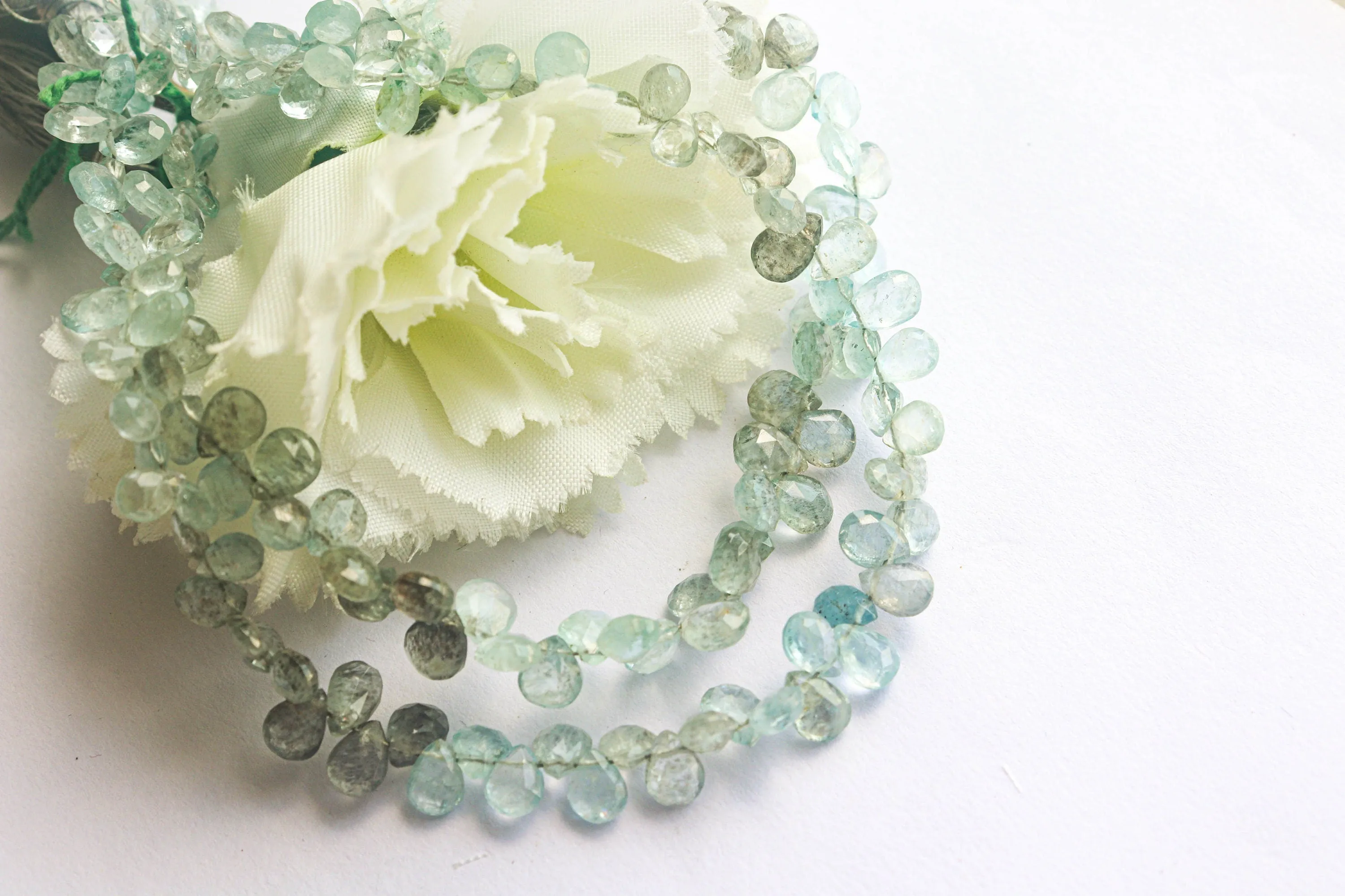 Moss Aquamarine Faceted Pear Shape Briolette | 5x7mm | 78 Pieces Full Strand | 9 Inch | Natural Moss Aquamarine | Beadsforyourjewellery