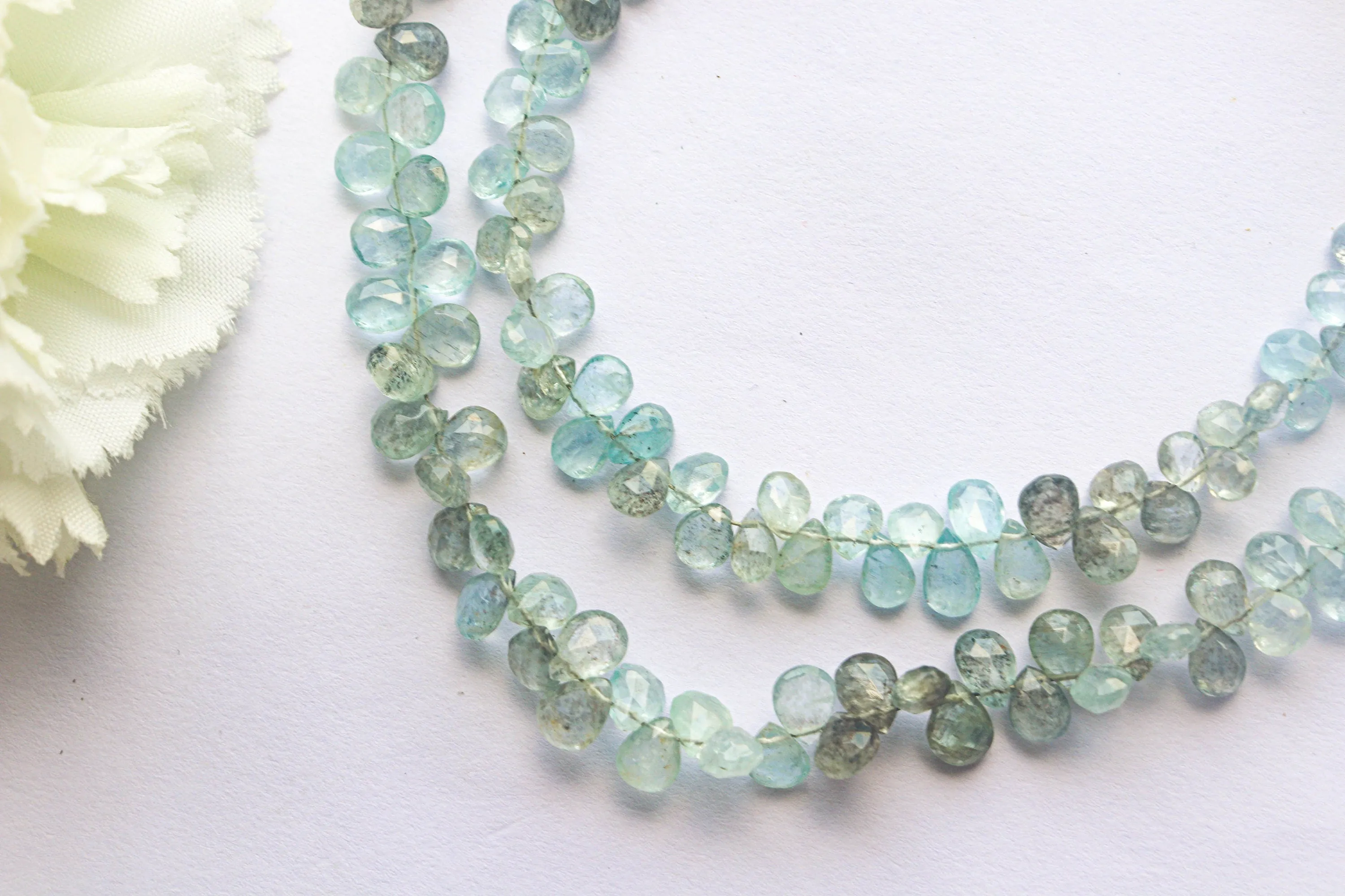 Moss Aquamarine Faceted Pear Shape Briolette | 5x7mm | 78 Pieces Full Strand | 9 Inch | Natural Moss Aquamarine | Beadsforyourjewellery