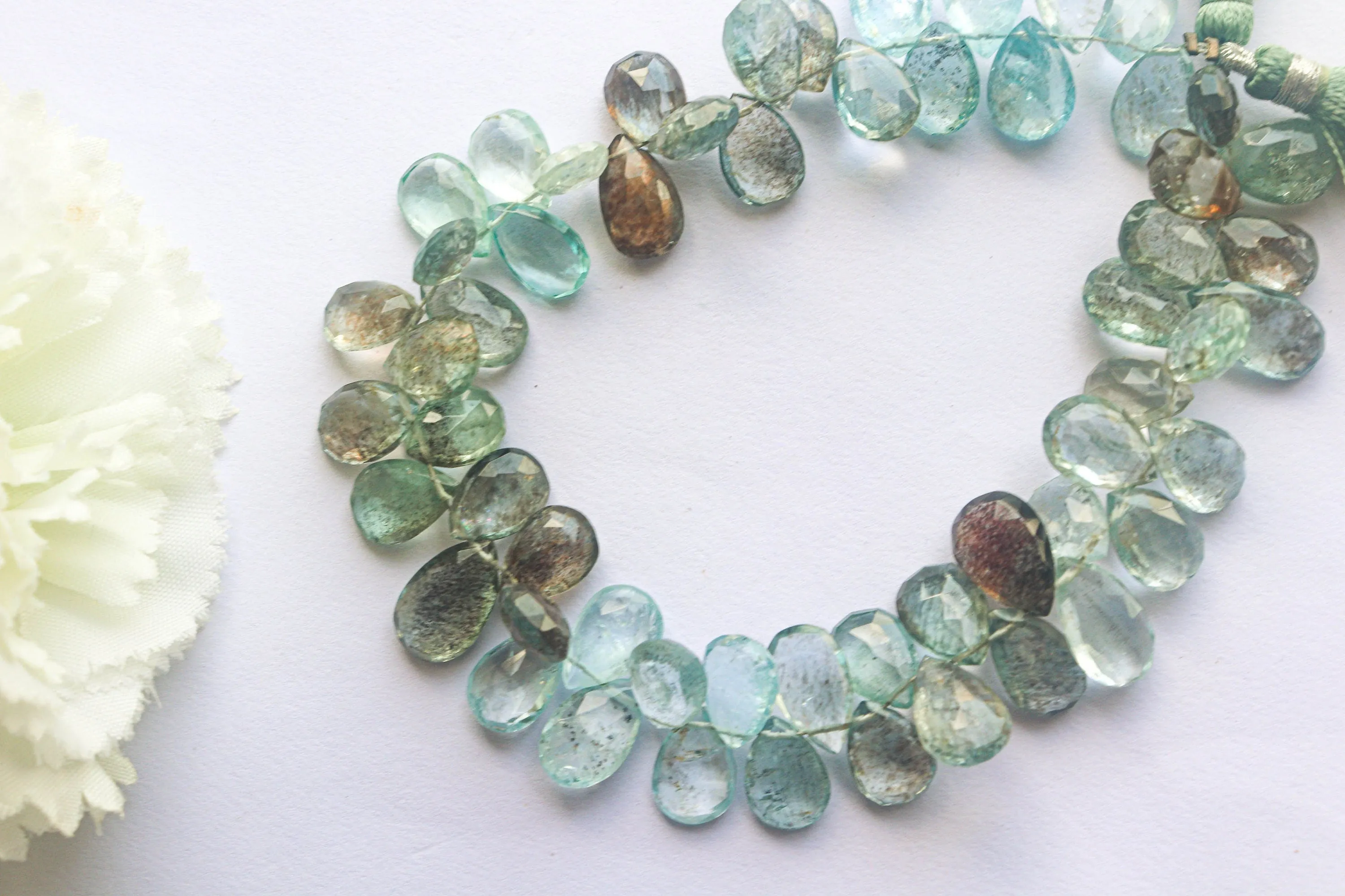 Moss Aquamarine Pear Briolette Faceted | 8x10-10x14mm Graduated | 57 Pieces Full Strand | 9 inch |  AAA  Quality Natural Aquamarine beads