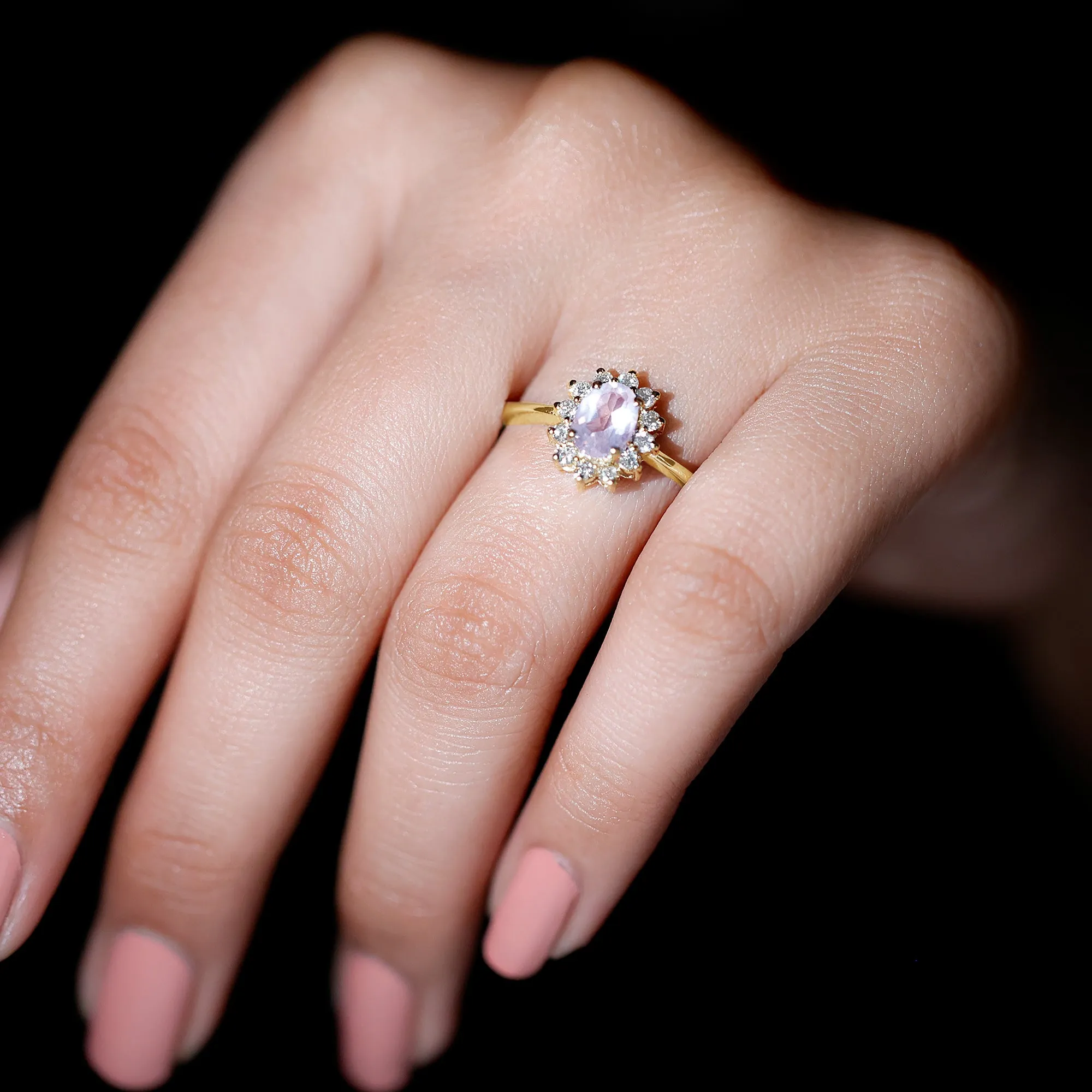 Princess Diana Inspired Rose Quartz Ring with Diamond Halo