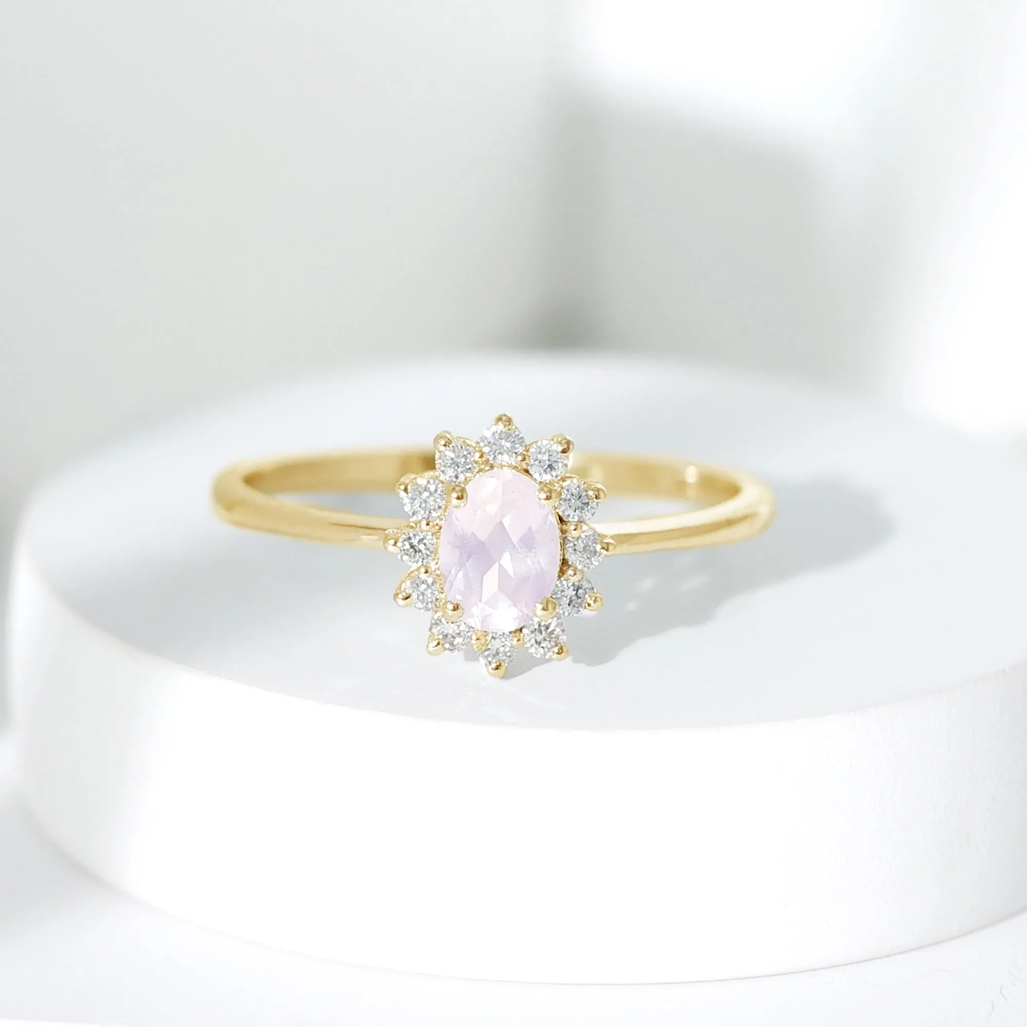 Princess Diana Inspired Rose Quartz Ring with Diamond Halo