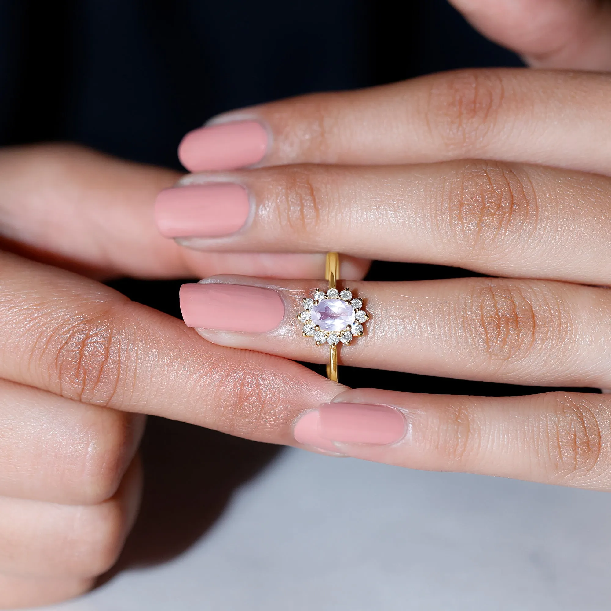 Princess Diana Inspired Rose Quartz Ring with Diamond Halo