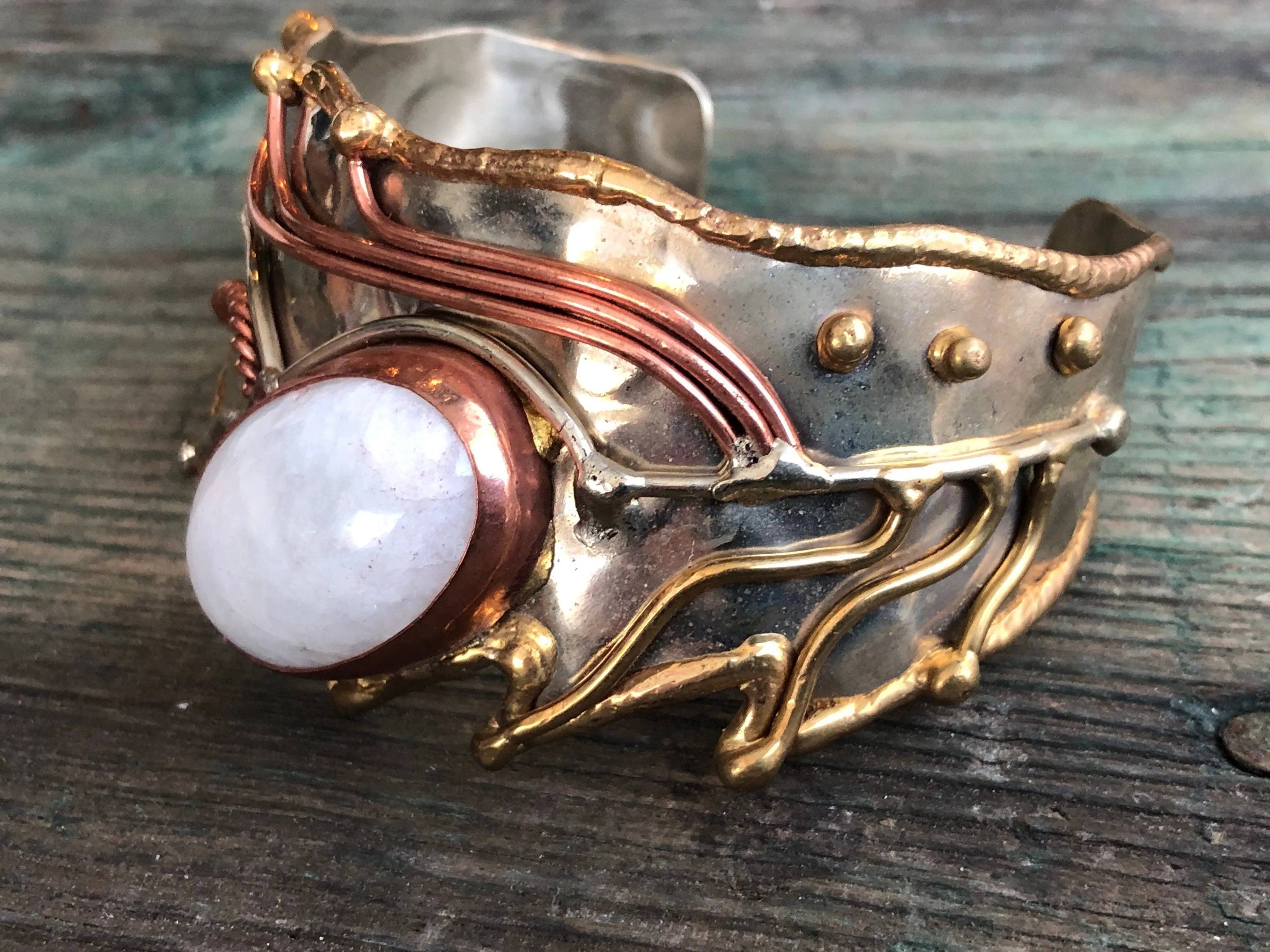 Rainbow Moonstone Cabochon Mixed Metal, Chunky, Barbaric, Arts & Crafts Silver, Copper and Brass Cuff Bracelet