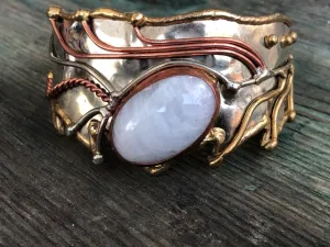 Rainbow Moonstone Cabochon Mixed Metal, Chunky, Barbaric, Arts & Crafts Silver, Copper and Brass Cuff Bracelet