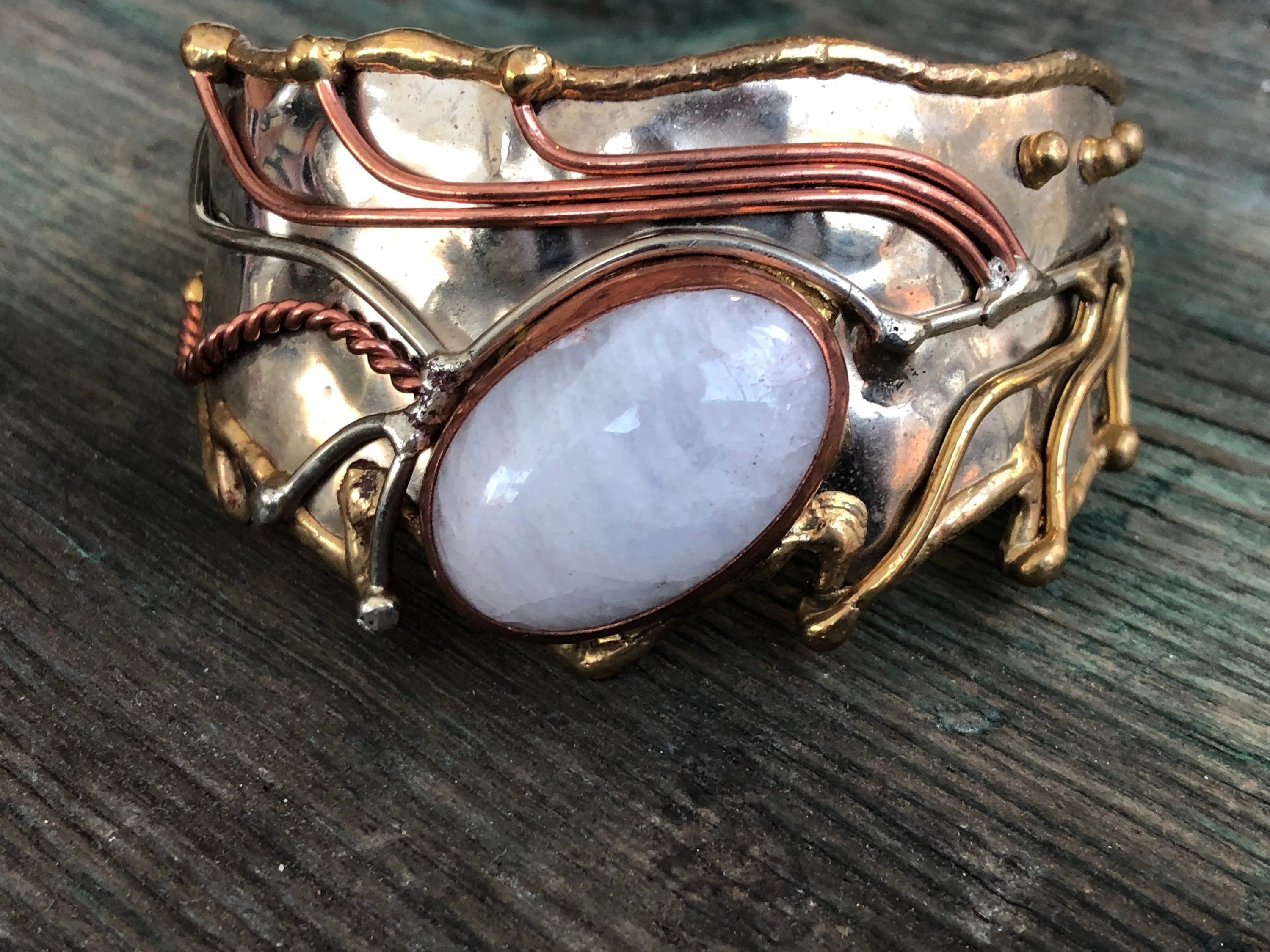Rainbow Moonstone Cabochon Mixed Metal, Chunky, Barbaric, Arts & Crafts Silver, Copper and Brass Cuff Bracelet